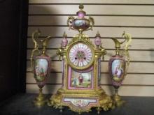 Antique French Hand Painted Scenic Garniture Clock Set