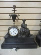 Antique Slate and Bronze Figural Mantle Clock with Candlestick Finial