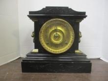 Antique Ansonia Slate Mantle Clock with Brass Lion Head Accents