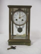 Vintage French Visible Escapement Brass Beveled Glass Mantle Clock