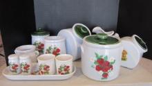 Grouping of Vintage McCoy Strawberry Country Canisters, Cookie Jars, Pitcher,