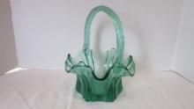 Vintage Green Glass Fenton Basket with Twisted Handle
