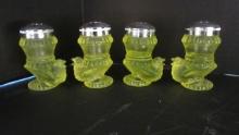 Four Vintage Boyd Uranium/Vaseline Glass Footed Bird Salt/Pepper Shakers