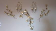 Pair of Gold Tone Metal 2 Arm Wall Sconces and 3 Piece Butterfly Wall Art