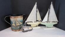 Two Wood Model Sailboats, Sculpted Resin Fishing Boat and Hand Decorated