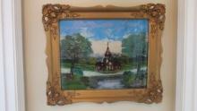 Vintage Framed Reverse Painted Country Church Landscape