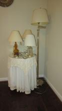 Cover-Up Table, Gold Tone Swing Arm Floor Lamp and Four Table Lamps