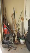 Large Lot of Yard Tools-Shovels, Rakes, Pick Axes, Hand Saw, Dust Pans, etc.