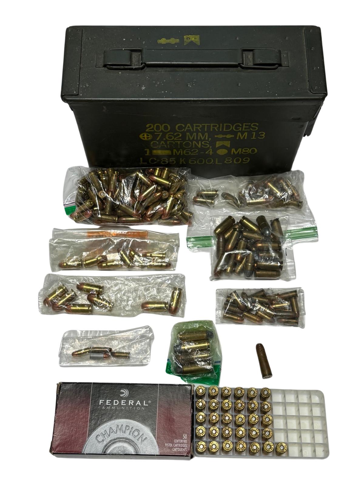Large Variety Lot of 208 Rounds of Handgun Ammunition + Ammo Can