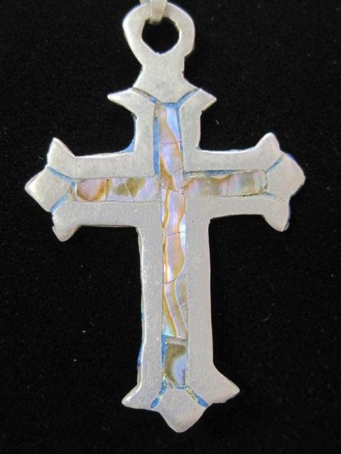 Sterling Silver Cross Pendant with Mother of Pearl Inlay on Silvertone Chain