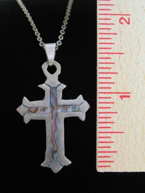 Sterling Silver Cross Pendant with Mother of Pearl Inlay on Silvertone Chain
