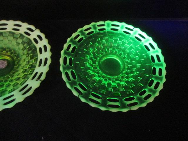 2 Vintage Fenton Topaz Yellow Canary Vaseline Plates with Basketweave Lattice