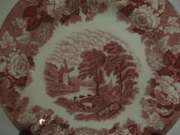 2 Pink Staffordshire Plates with Wood Plate Stands