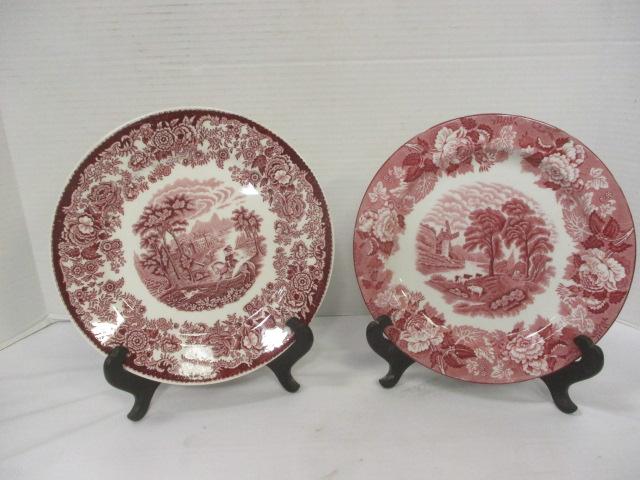 2 Pink Staffordshire Plates with Wood Plate Stands