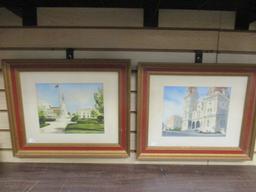 2 "Jacksonville, IL" Watercolor Originals Over Litho Penline by Davis Gray