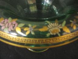 Antique  Glass Vase with HP Flowers and Greek Key Panel Design