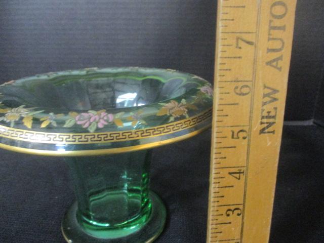 Antique  Glass Vase with HP Flowers and Greek Key Panel Design