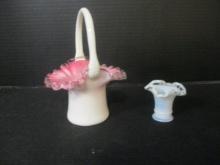 Vintage Fenton Peachcrest Basket and Miniature Milkcrest Vase