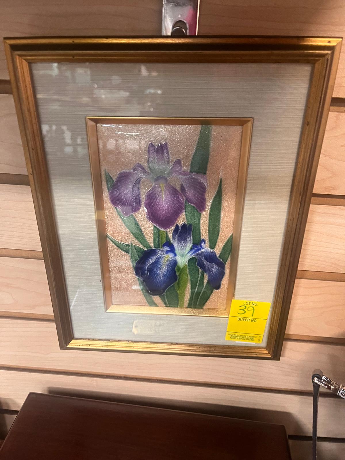 Framed and Matted Enameled Metal "Iris" Art