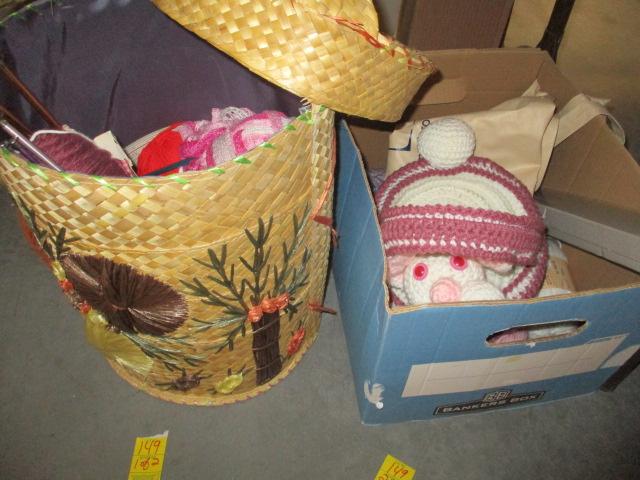 Knitting Basket & Box of Yarn & Needles