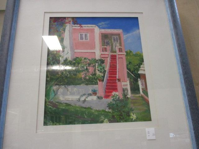 Lot of 2 Framed Prints- 1  Priscilla Powers F/M Floral Print & Pink House- No Name