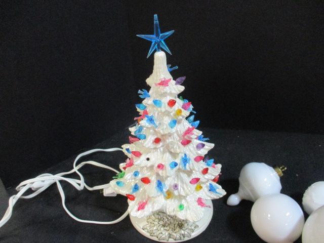 White Ceramic Christmas Tree (11") & White Ceramic Ornaments