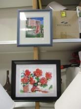 Lot of 2 Framed Prints- 1  Priscilla Powers F/M Floral Print & Pink House- No Name