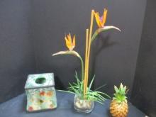 Faux Potted Bird of Paradise, Pineapple Box, Kleenex Box