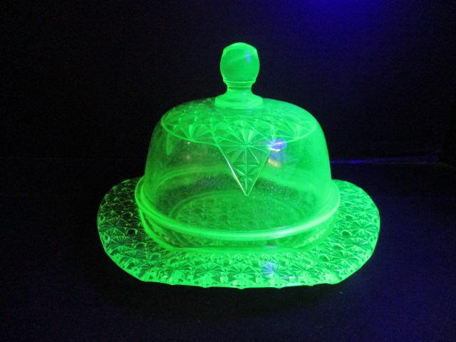 Mosser Yellow Vaseline/Uranium Glass Butter Dish