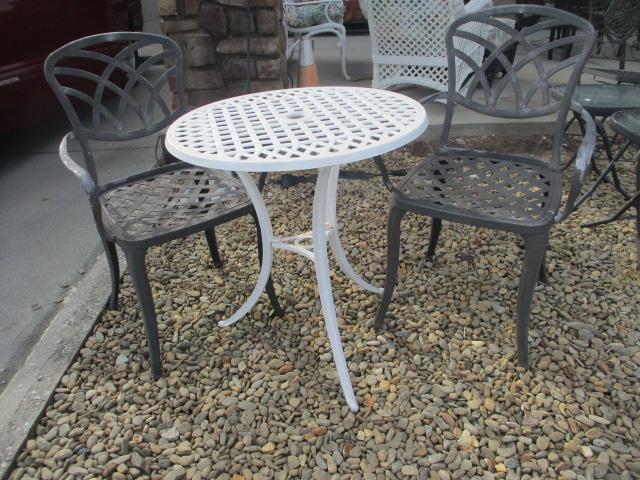 Painted Cast Aluminum Bistro Table and Pair of Chairs
