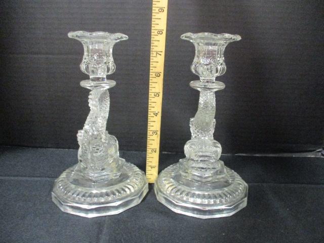 Pair of Clear Glass Dolphin Candlesticks