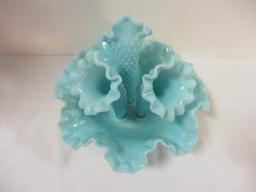 Blue Hobnail 3 Horn Epergne