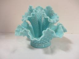 Blue Hobnail 3 Horn Epergne