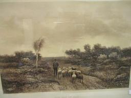 Vintage "The End of Day" Shepherd and Flock Landscape