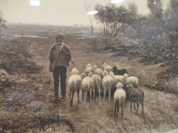 Vintage "The End of Day" Shepherd and Flock Landscape