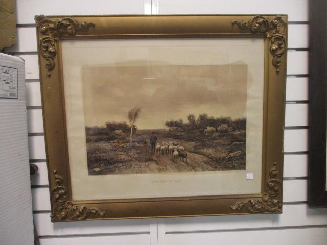 Vintage "The End of Day" Shepherd and Flock Landscape