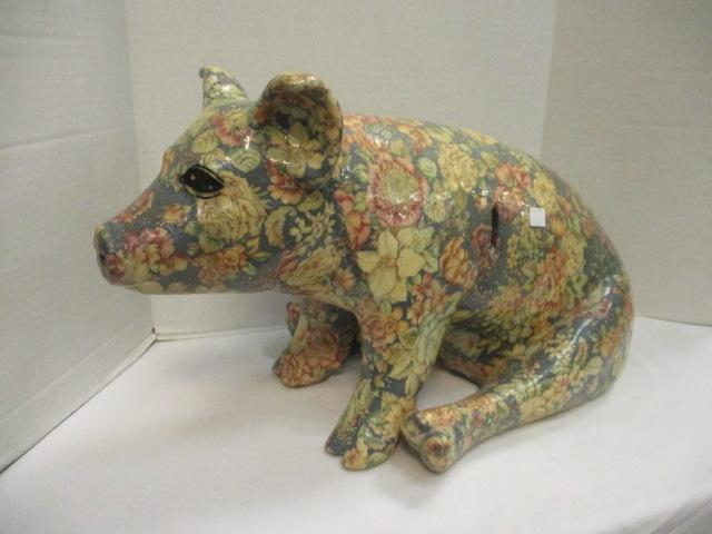 Signed Large Fabric Decoupaged Piggy Bank