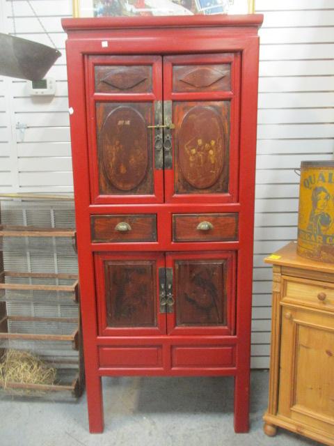 Red Lacquer Chinoiserie Style Cupboard