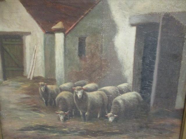 F. Thum. Signed Sheep Barnyard Landscape Oil on Canvas