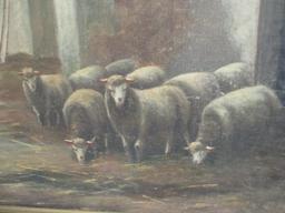 F. Thum. Signed Sheep Barnyard Landscape Oil on Canvas