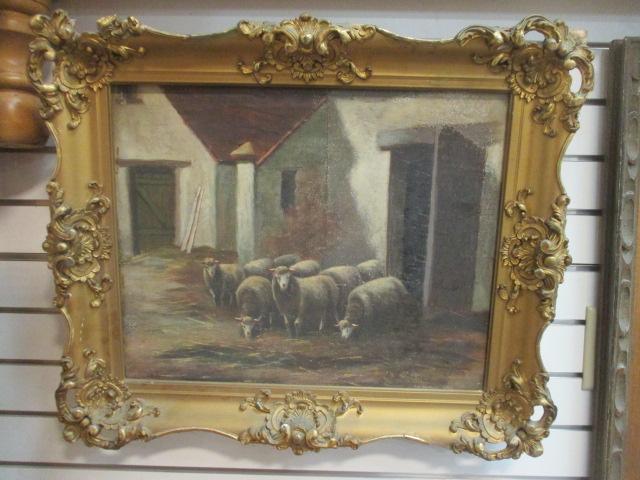 F. Thum. Signed Sheep Barnyard Landscape Oil on Canvas