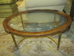 Brandt Beveled Glass Burlwood Oval Cocktail Table