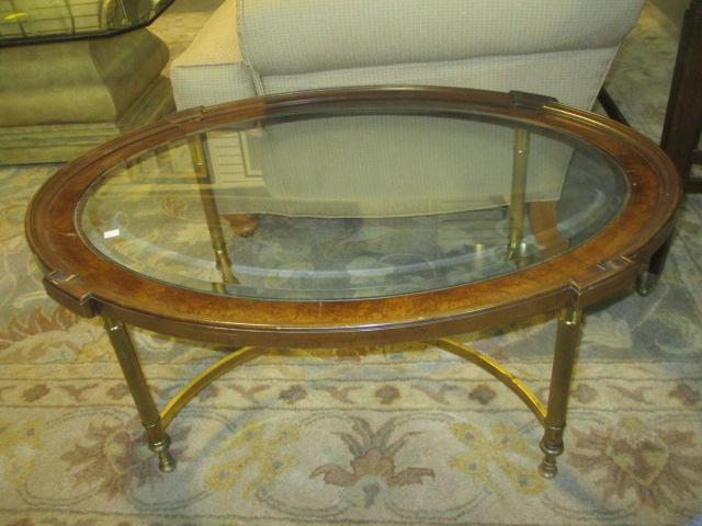 Brandt Beveled Glass Burlwood Oval Cocktail Table