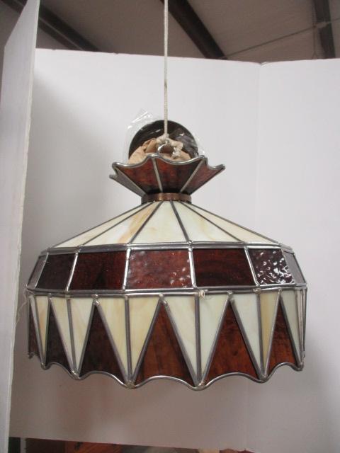 Midcentury Stained Glass Pendant Light Fixture
