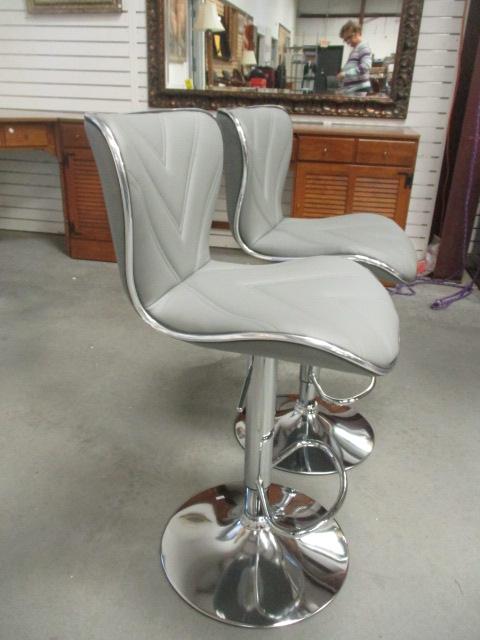 Pair of Grey Faux Leather Adjustable Swivel Bar Chairs