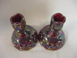 PR of Fenton Red Iridescent Carnival Glass Candle Holders