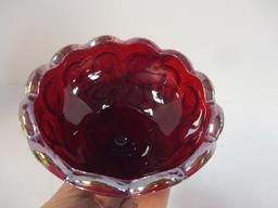 PR of Fenton Red Iridescent Carnival Glass Candle Holders