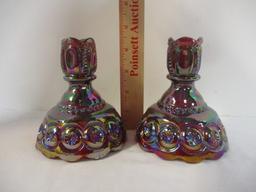 PR of Fenton Red Iridescent Carnival Glass Candle Holders