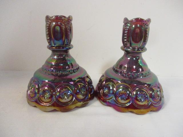PR of Fenton Red Iridescent Carnival Glass Candle Holders
