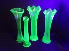 Four Green Vaseline Glass Stretched Bud Vases